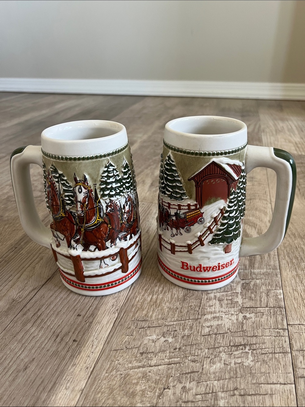 1984 Winter Scene Clydesdales Anheuser Busch Budweiser Beer Steins.